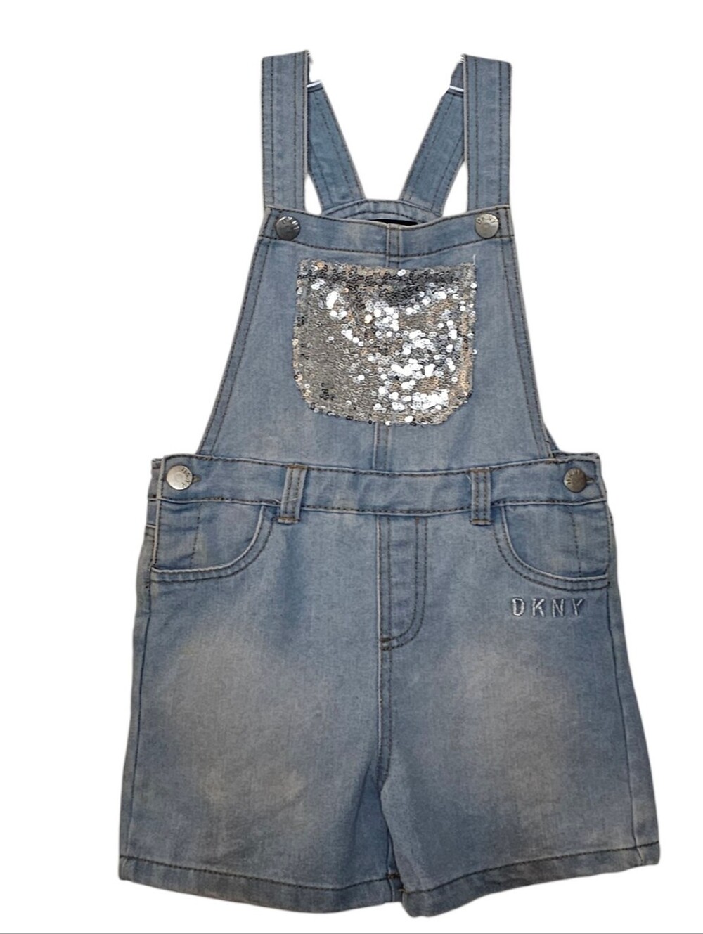 DKNY Lightwash Denim Shortalls Overall Shorts Silver Sequinned Pocket girls 6